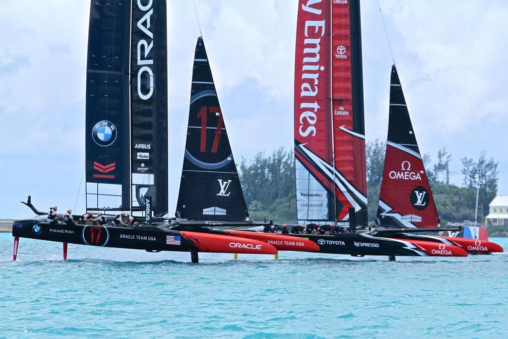 Emirates Team New Zealand and Oracle Team USA cross the start line - Race 9 - Bermuda  June 26, 2017 photo copyright Richard Gladwell www.photosport.co.nz taken at  and featuring the  class