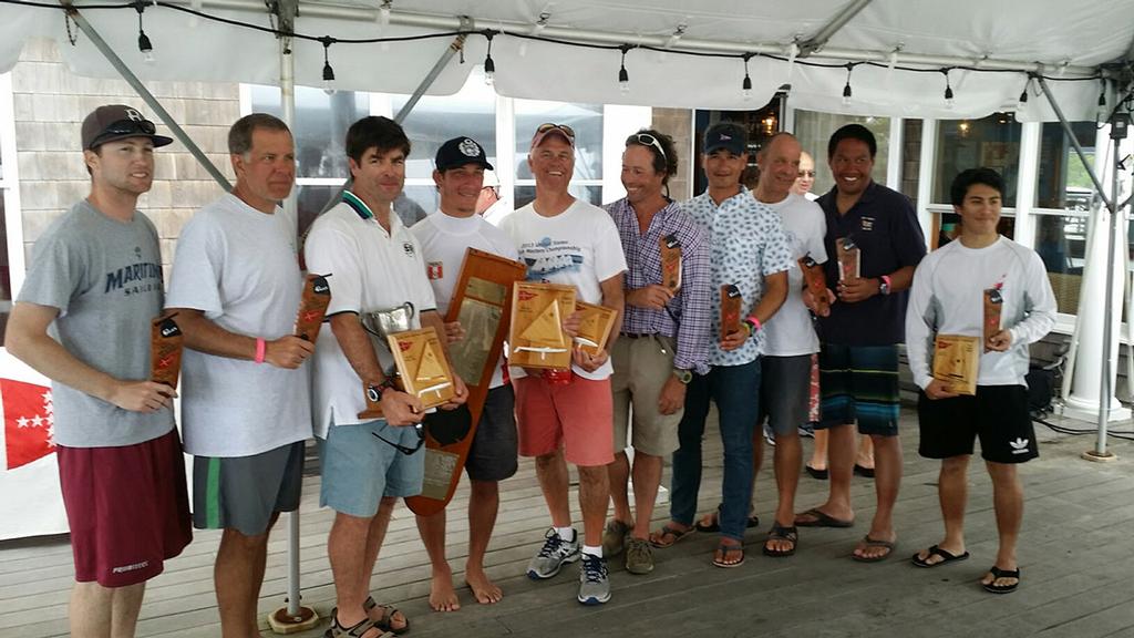 Top Ten Finishers (Left to Right): Dan Hesse (6th), Rich Chapman (4th), Paul-Jon Patin (2nd), Alonso Collantes (1st), Doug Kaukeinen (3rd), Kenny Mockridge (10th), Eugene Schmitt (5th), Martin Willard (7th), Lee Montes (8th, Angello Giuria (9th).  © International Sunfish Class Association