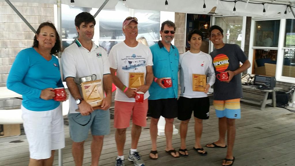 Special Award Winners (Left to Right): Gail Heausler (Top Female), Paul-Jon Patin (Top Apprentice Master), Doug Kaukeinen (Top Master), Mark Weider (Top Grand Master), Angello Giuria (Top Youth), Gustavio Alayon Rosario (Sportmanship Award).  © International Sunfish Class Association