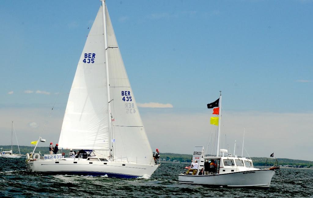 Paul Hubbard skipper of ‘Bermuda Oyster’ (435) the only Bermuda boat in this year’s race got one of the best starts of the day leading the 12 Class D entries over the line the second of four starts today. © Talbot Wilson