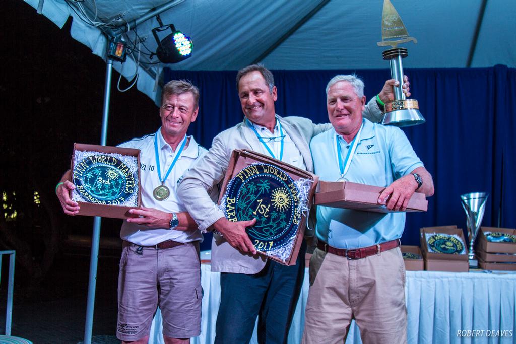 Grand Grand Masters: 3. David Hoogenboom, NZL;  1. Marc Allain des Beauvais, FRA; 2. Rob Coutts, USA - 2017 Finn World Masters ©  Robert Deaves