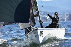 Black, skippered by Richard Fader is second overall after Day 1 of the SB20 Tasmania Mid-Winter Regatta on Hobart’s River Derwent photo copyright Jane Austin taken at  and featuring the  class