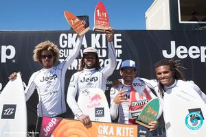 Day 5 – The final main event podium, where Paulino Pereira was also announced as 3rd place winner ahead of Jan Marcos Riveras from the mini-final yesterday – GKA Kite-Surf World Tour Tarifa photo copyright  Ydwer van der Heide taken at  and featuring the  class