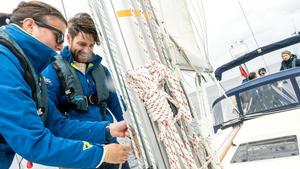 Luke learning the ropes on Moonspray with Mate Hannah Spencer – Hannah first sailed with the Trust as a young person in recovery from cancer seven years ago. She is now doing the full four month Round Britain 2017 voyage as Mate onboard. photo copyright Ellen MacArthur Cancer Trust taken at  and featuring the  class