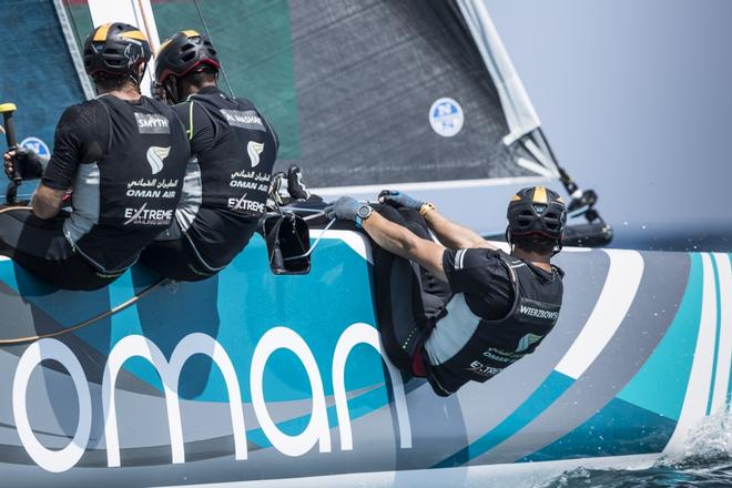 Oman Air Sailing Team skippered by Phil Robertson with team mates Pete Greenhalgh, Ed Smyth, Nasser Al Mashari and James Wierzbowski racing close to the city of Barcelona on day 3 of racing. Act 4. Barcelona, Spain - Extreme Sailing Series 2017 © Lloyd Images http://lloydimagesgallery.photoshelter.com/