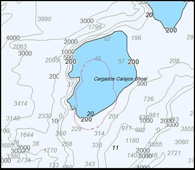 Unofficial electronic chart with reef, islands and obstructions missing. Incorrect depth areas and contours result in an incorrect and unreliable safety depth contour (defaulting to 200m instead of the missing 30m contour incorrectly suggests all lesser depths are highlighted). Note that the 11m obstruction is one of several not highlighted, the 15m obstruction is missing and a false 10m shoal appears to have been added. © Australian Maritime Safety Authority http://www.amsa.gov.au