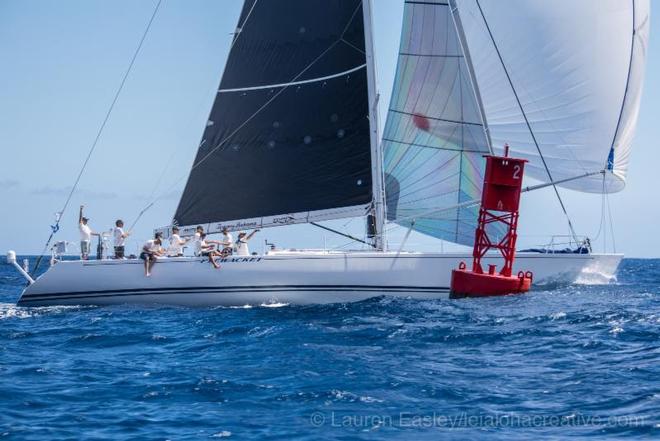 Pyewacket is one of the more successful late-generation ULDB Sleds, and is leading her class this year. She is shown finishing here today at the Diamond Head buoy - 2017 Transpac Race © Lauren Easley http://leialohacreative.com
