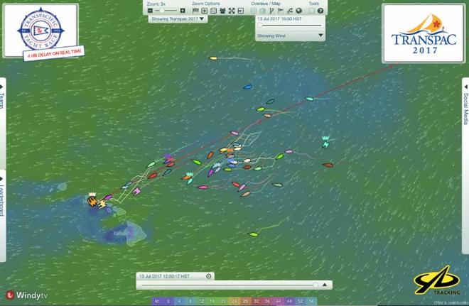  The remaining fleet's current positions in lighter winds (blue) indicates faster boats may have an advantage in the upcoming corrected time results © Transpacific Yacht Club