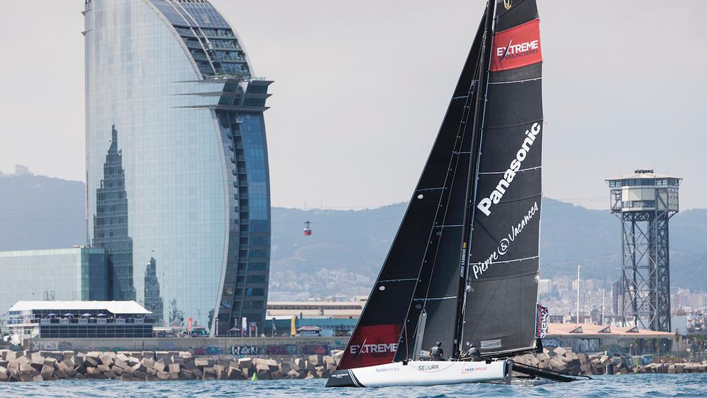 The Extreme Sailing Series 2017. Act4. Barcelona, Spain. FNOB Impulse Sailing Team skippered by Jordi Xammer with team mates Joan Cardona, Luis Bugallo, Kevin Cabrera and Florian Trittel racing close to the city of Barcelona on Day 2 of racing. © Lloyd Images http://lloydimagesgallery.photoshelter.com/