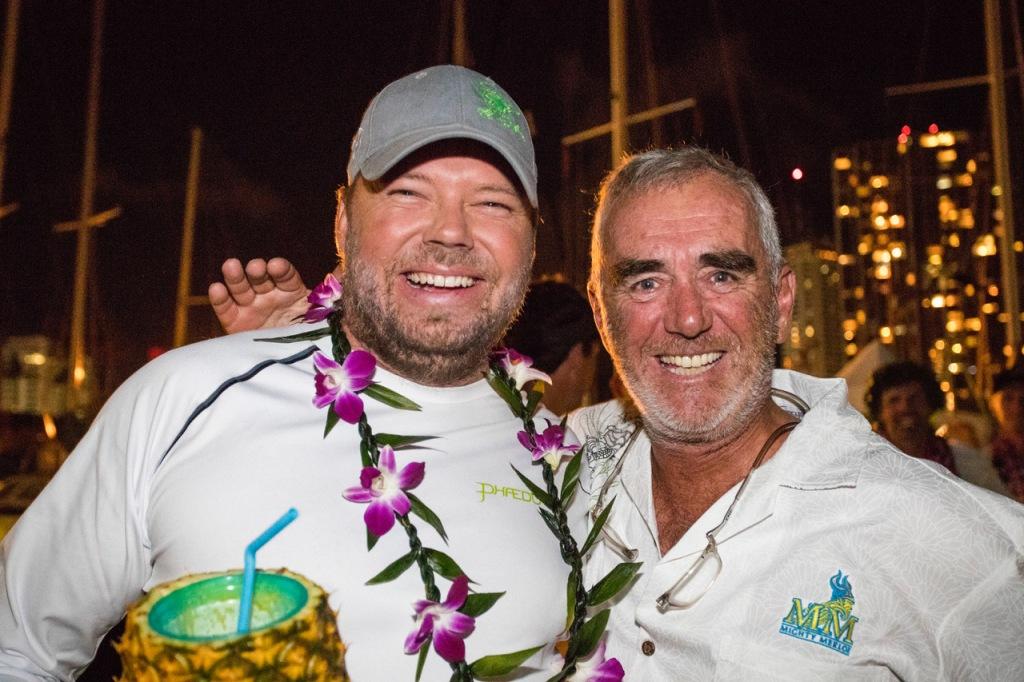 Loïck Peyron, helm for Mighty Merloe, and Lloyd Thornburg, owner of Phaedo3 celebrating their finish on the big island of Hawaii ©  Richard and Rachel / Team Phaedo