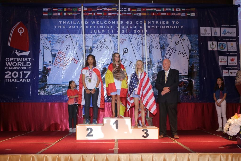 Top Female category  - First Maria Perello (ESP 2800) from Spain, second Paliga Poonpat (THA 119) from Thailand and third Charlotte Leigh (USA 114) from USA © Optimist World Championship