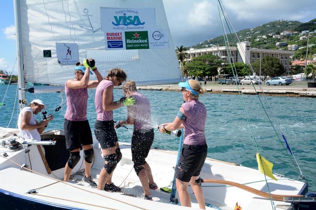 The Dutch Match Racing Team celebrates winning the 2016 CAMR, the fifth and final leg of the 2016 WIM Series. Team members are skipper Renée Groeneveld and crew Annemieke Bes, Lobke Berkhout and Mijke Lievens. © Dean Barnes www.deanbarnesphoto.com