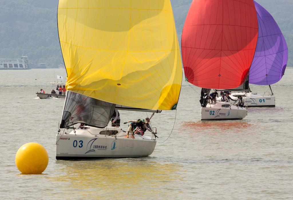 RUS leads the opening race. Guangzhou Nansha International Sailing Regatta 2017. © Guy Nowell http://www.guynowell.com