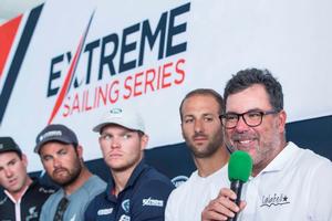 Act 4, Extreme Sailing Series Barcelona – Day 1 – Mitch Booth, skipper of the second Spanish-flagged wildcard Team Extreme, speaks to the crowds of media at the official press conference. photo copyright Lloyd Images http://lloydimagesgallery.photoshelter.com/ taken at  and featuring the  class