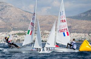 Tight crossing between Alessandro PEREZ/Francesco TIRA (ITA) and Jerome DEMANGE/Luc GUIMBERTAUD (FRA) - 2017 420 Open European Championships photo copyright Nikos Alevromytis http://www.470.org taken at  and featuring the  class
