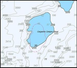 Unofficial electronic chart with reef, islands and obstructions missing. Incorrect depth areas and contours result in an incorrect and unreliable safety depth contour (defaulting to 200m instead of the missing 30m contour incorrectly suggests all lesser depths are highlighted). Note that the 11m obstruction is one of several not highlighted, the 15m obstruction is missing and a false 10m shoal appears to have been added. photo copyright Australian Maritime Safety Authority http://www.amsa.gov.au taken at  and featuring the  class
