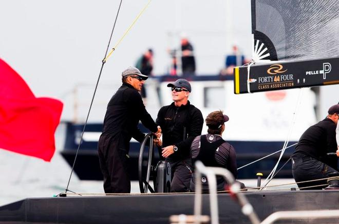 Team Nika's owner Vladimir Prosikhin and tactician Terry Hutchinson shake hands after another race win – RC44 Marstrand World Championship ©  Pedro Martinez / Martinez Studio / RC44