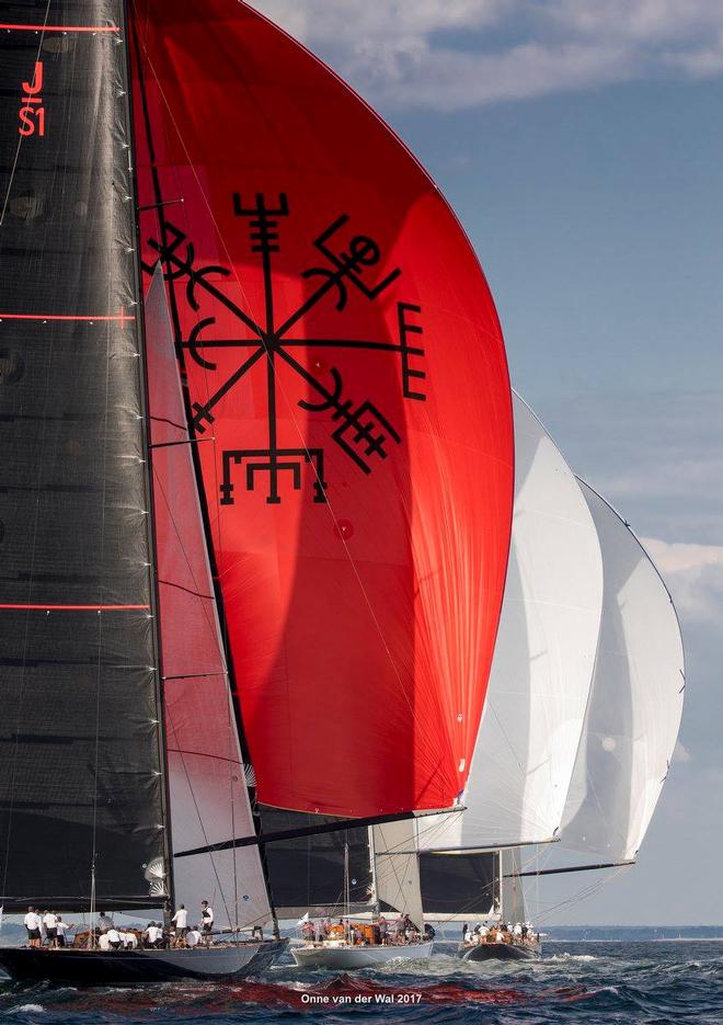 JS1 Svea, with their distinctive red chute, chase the fleet downwind - Day 3 - J Class Worlds - Newport RI © Onne van der Wal