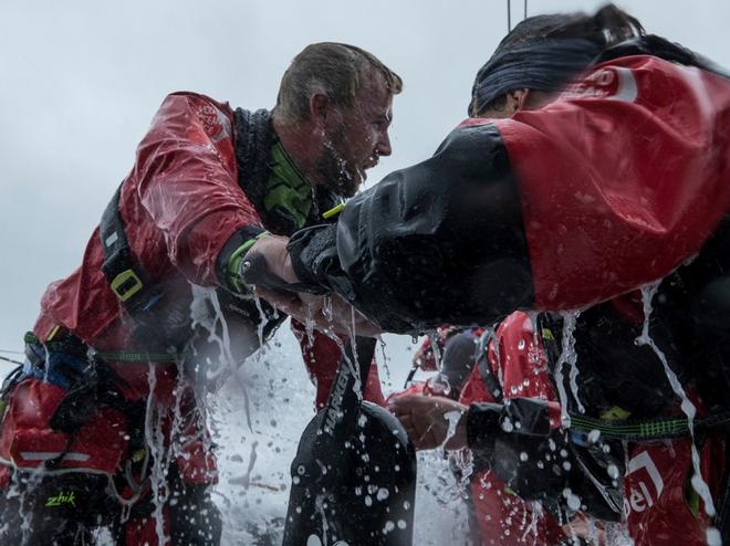 Brad Farrand and Martine Grael at the pedestal onboard team AkzoNobel during Leg Zero – Volvo Ocean Race ©  James Blake / Volvo Ocean Race