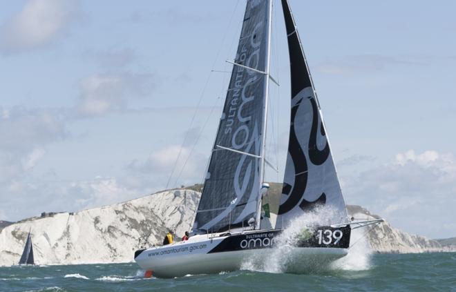 Sultanate of Oman Class40 race yacht skippered by Sidney Gavignet during the start of the 2017 Rolex Fastnet Race © Lloyd Images http://lloydimagesgallery.photoshelter.com/