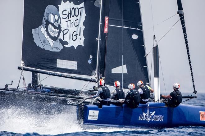 Naofumi Kamei's Mamma Aiuto! has a new mainsail design depicted the Japanese cartoon strip hero after which their boat is named – Copa del Rey MAFPRE © Jesus Renedo / GC32 Racing Tour
