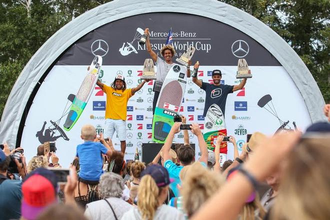 Podium party - Match in first, Airton second, Paulino third – GKA Kite-Surf World Tour ©  Joern Pollex