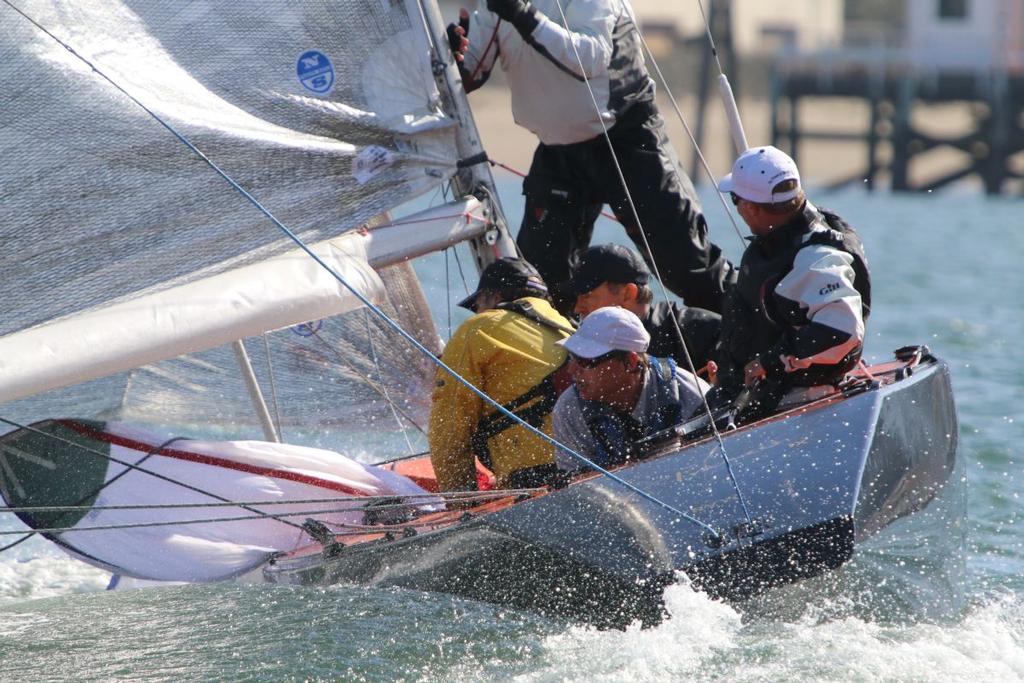 Racing Six Metres in a breeze requires full crew coordination photo copyright Dana E. Olsen taken at  and featuring the  class