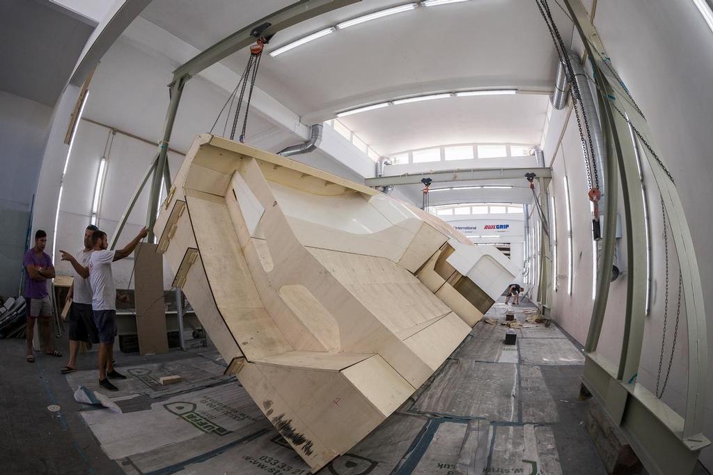 Super 60 Mock-up in the Boatyard, Lisbon, Portugal. Volvo Ocean Race 2017-18. ©  Brian Carlin / Volvo Ocean Race