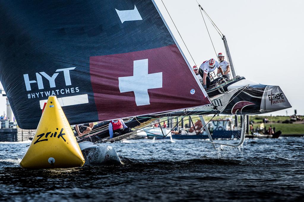 Alinghi settled for second position on the Act leaderboard after 14 races in the Cardiff stadium. - 2017 Extreme Sailing Series™ Act 6 ©  Vincent Curutchet