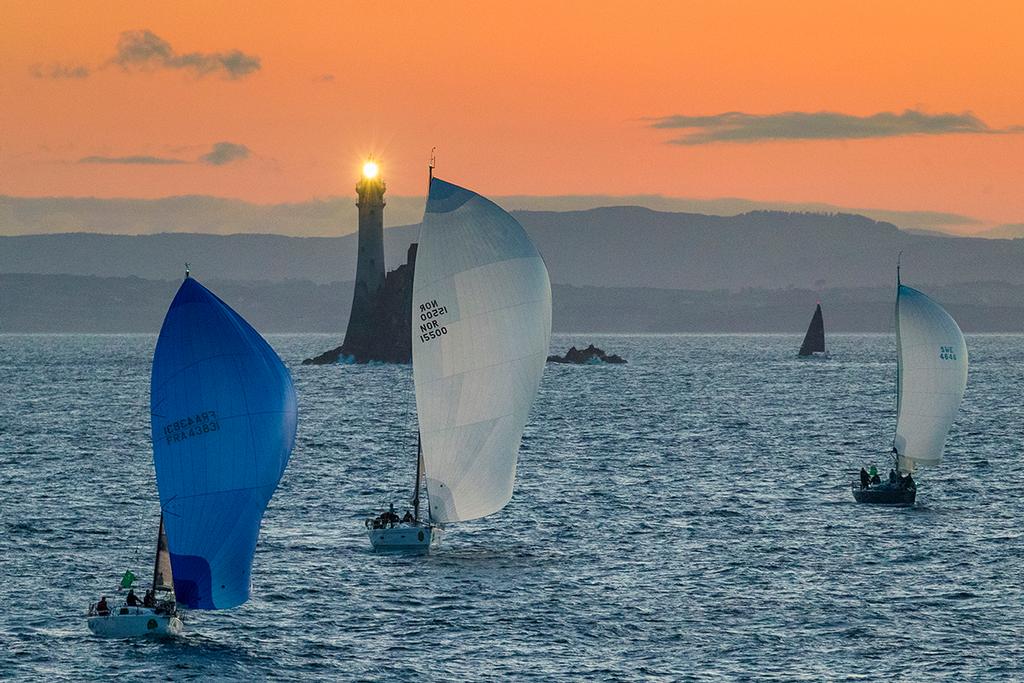 Timeline, Sail No: FRA 43831, Class: IRC Three, Owner: Marc Alperovitch, Type: JPK 10.80 Norxl, Sail No: NOR 15500, Class: IRC One, Owner: Andreas Gottschling, Type: XP 50 Foxy Lady, Sail No: SWE 4646, Class: IRC Two, Owner: Rickard Bergkvist, Type: IMX-40 rounding the Fastnet Rock - Rolex Fastnet Race 2017 photo copyright  Rolex / Carlo Borlenghi http://www.carloborlenghi.net taken at  and featuring the  class