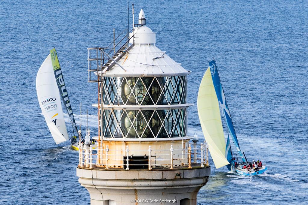 Team Brunel, Sail No: NED 0, Class: Volvo 65, Owner: Volvo Ocean Race, Type: VOR 65 Vestas 11th Hour Racing, Sail No: USA 0, Class: Volvo 65, Owner: Volvo Ocean Race, Type: VOR 65 rounding the Fastnet Rock - 2017 Rolex Fastnet Race ©  Rolex / Carlo Borlenghi http://www.carloborlenghi.net