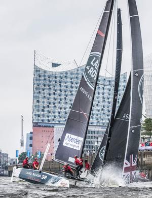 Act 5, Extreme Sailing Series Hamburg – Day 3 – Despite claiming its first bullet since Act 2, Qingdao, Land Rover BAR Academy dropped from second to sixth overall. photo copyright  Lloyd Images taken at  and featuring the  class