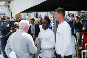 Seventeen-year-old Montel Fagan-Jordan, student from Greig City Academy is about to compete in his first ever Fastnet on the Frers 45 Scaramouche (right: Jon Holt, Head of Sixth Form) photo copyright  Paul Wyeth / RORC taken at  and featuring the  class