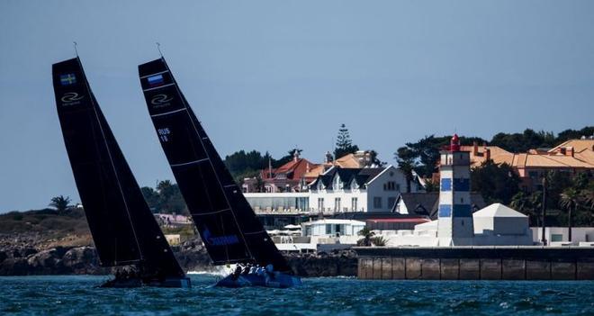 Artemis Racing and Bronenosec Sailing Team racing towards Santa Marta Lighthouse in RC44 Cascais Cup 2016 ©  Pedro Martinez / Martinez Studio / RC44