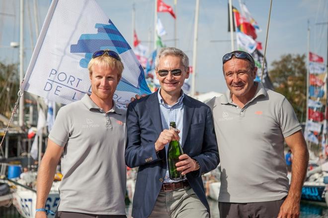 From left to right: Quentin Vlamynck, Thierry Le Hénaff, Lalou Roucayrol – Mini Transat ©  Vincent Olivaud / Team Arkema Lalou Multi