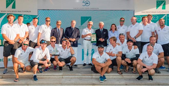 Sir Peter Ogden (centre) and the crew of Jethou, winners of the Mini Maxi Racer Class, receive their trophies from Riccardo Bonadeo (YCCS Commodore) (left), H.H. the Aga Khan, Gian Riccardo Marini (Rolex SA) and Princess Zahra Aga Khan ©  Rolex / Carlo Borlenghi http://www.carloborlenghi.net