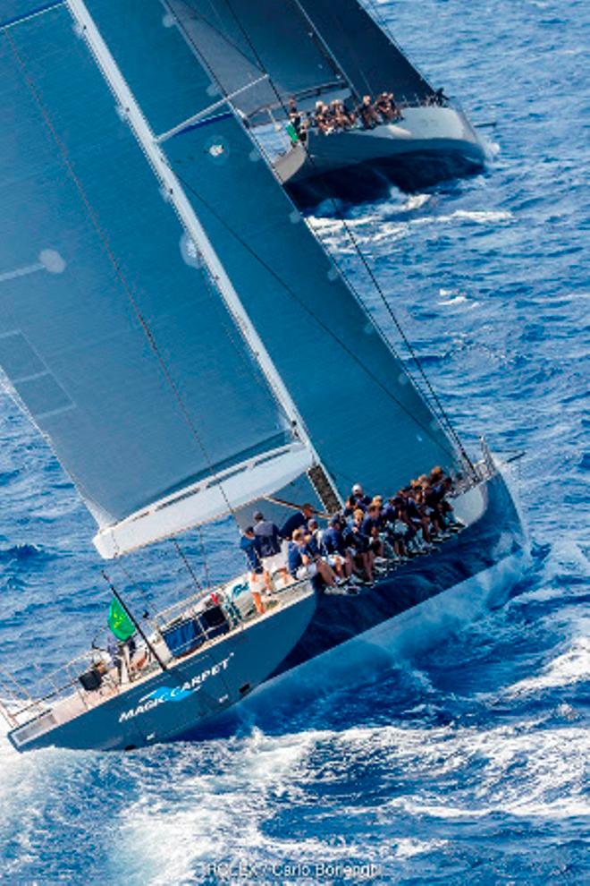 Day 4 – Sir Lindsay Owen-Jones' Magic Carpet³ chases Open Season of International Maxi Association President Thomas Bscher – Maxi Yacht Rolex Cup ©  Rolex / Carlo Borlenghi http://www.carloborlenghi.net