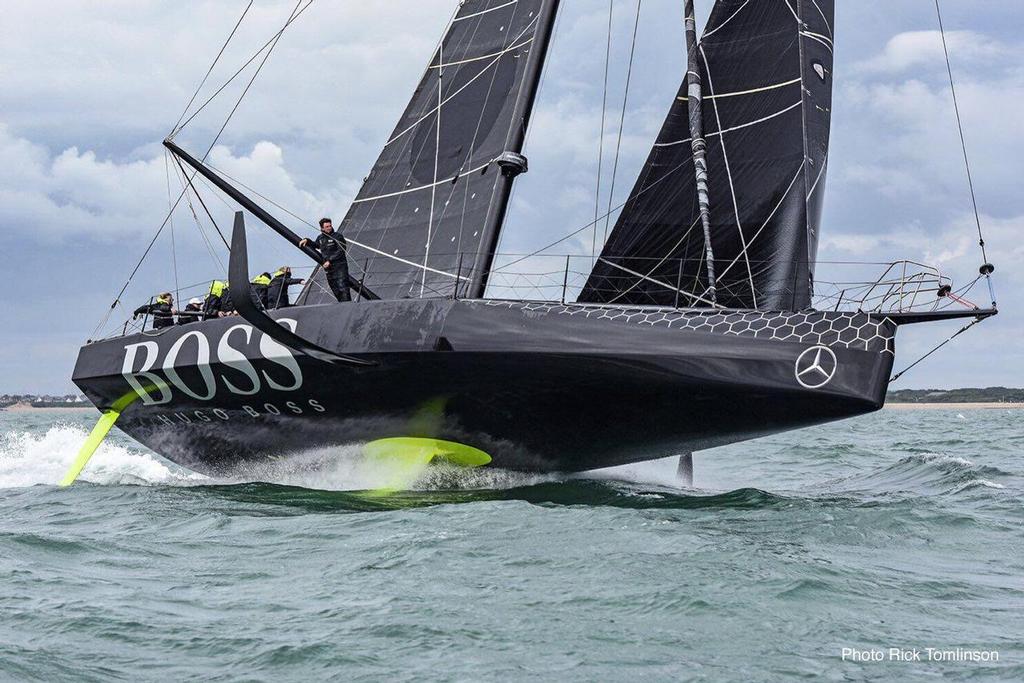 The foiling monohull Hugo Boss reaching in the Rolex Fastnet Race 2017 - photo ©  Rick Tomlinson http://www.rick-tomlinson.com