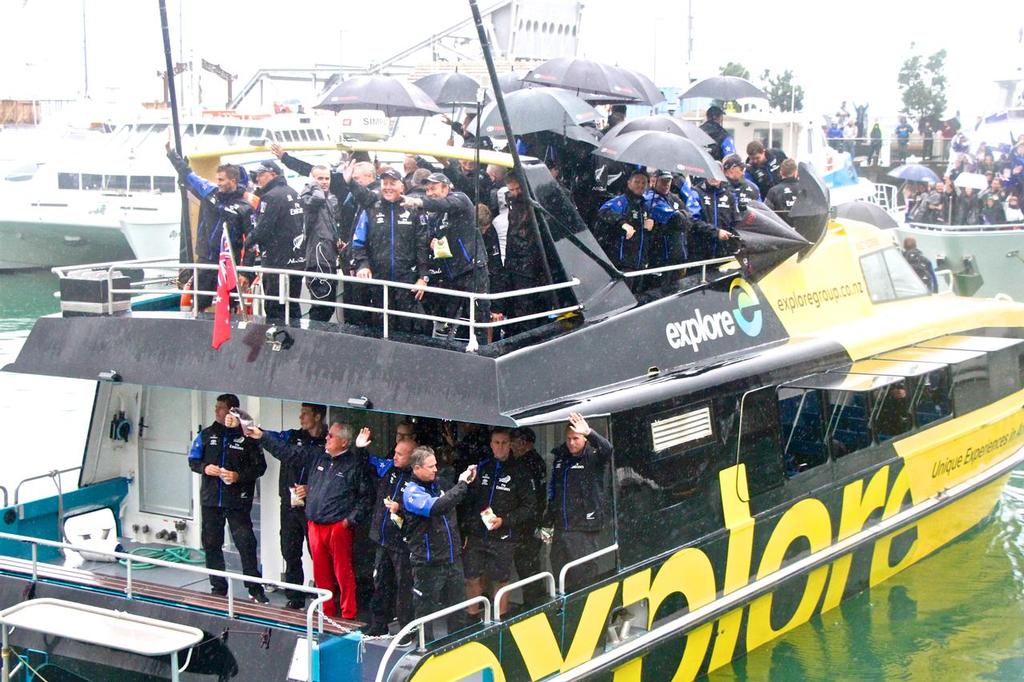 Bruno Trouble (red pants) on the official boat for the habour tour for the Auckland Victory Parade. photo copyright Richard Gladwell www.photosport.co.nz taken at  and featuring the  class