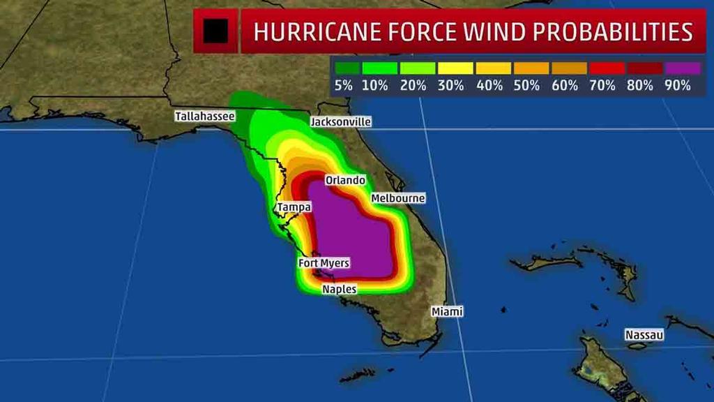 Hurricane-Force Wind Probabilities - The shaded colors represent the probability of any one location experiencing hurricane-force winds from Irma in the next five days. © The Weather Channel