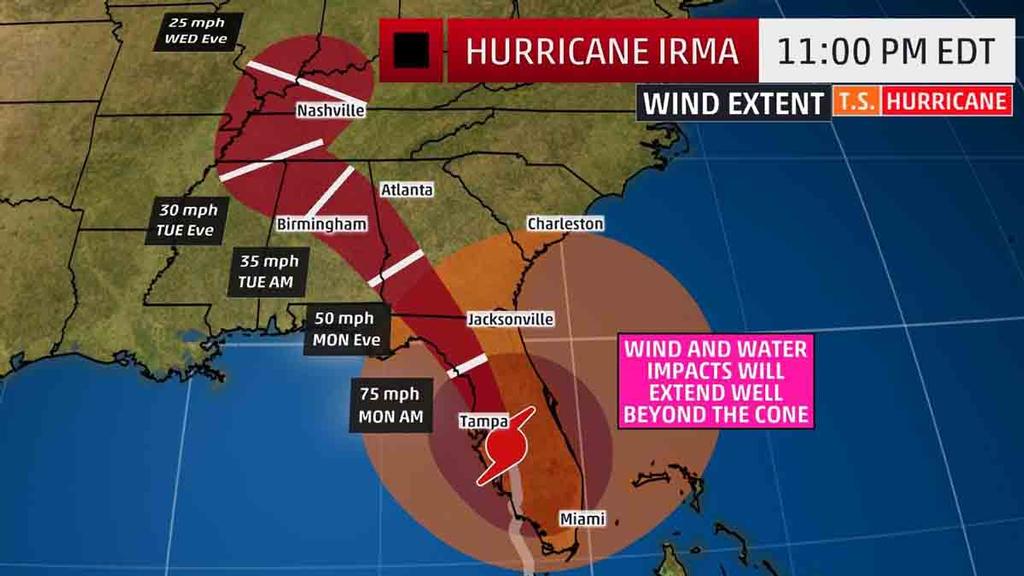 Projected Path - The red-shaded area denotes the potential path of the center of the tropical cyclone. Note that impacts (particularly heavy rain, high surf, coastal flooding) with any tropical cyclone may spread beyond its forecast path. © The Weather Channel