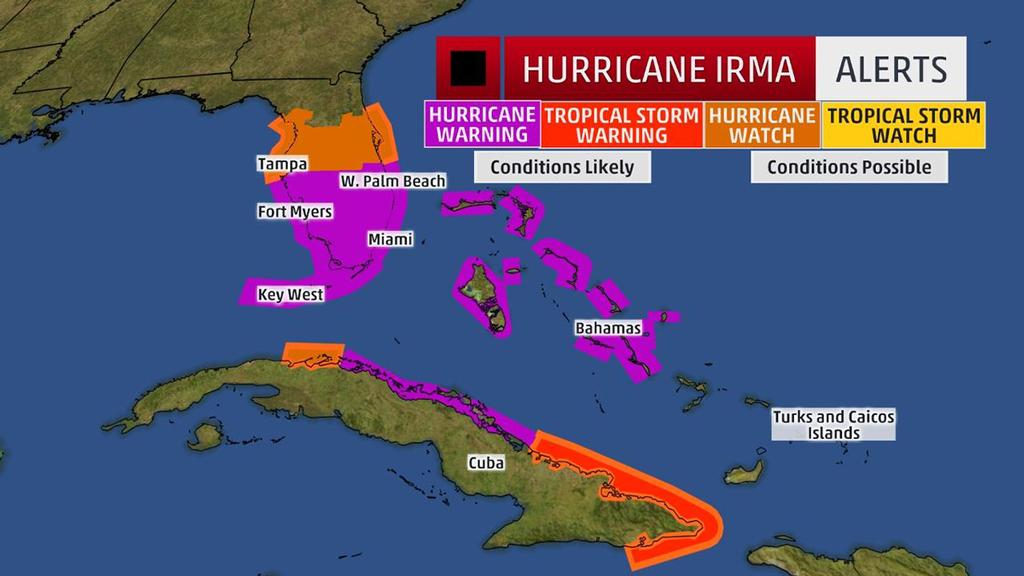 Watches and Warnings - A watch means hurricane or tropical storm conditions are possible within 48 hours. A warning means those conditions are expected within 36 hours. © The Weather Channel