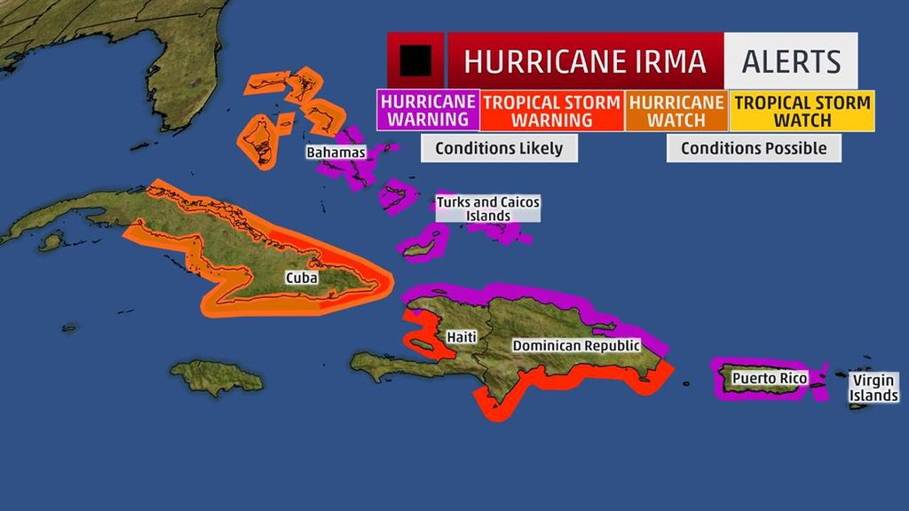 Watches and Warnings - A watch means hurricane or tropical storm conditions are possible within 48 hours. A warning means those conditions are expected within 36 hours. © The Weather Channel