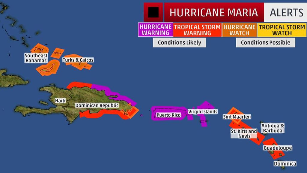 Watches and Warnings - A watch means hurricane or tropical storm conditions are possible within 48 hours. A warning means those conditions are expected within 36 hours. © The Weather Channel