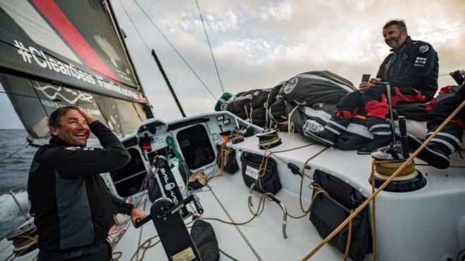 Leg 1, Day 6 – Alicante to Lisbon, onboard Team Sun Hung Kai / Scallywag. Skipper David Witt smiles as his jokes with his navigator Steve Hayles – Volvo Ocean Race ©  Jeremie Lecaudey / Volvo Ocean Race