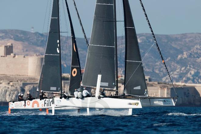 American Jason Carroll's Argo leads Simon Delzoppo's .film Racing from Australia in training on Marseille's Rade Sud – Marseille One Design ©  Gilles Martin-Raget / GC32 Racing Tour