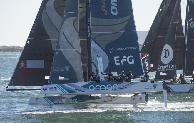 The Extreme Sailing Series 2017. Act 8. 19th - 22nd October 2017. San Diego, California, USA. The 'Oman Air' race team shown in action close to the shore, skippered by Phill Robertson (NZL) with team mates Pete Greenhalgh (GBR), Ed Smyth (NZL/AUS), James Wierzbowski (AUS) and Nasser Al Mashari (OMA) © Lloyd Images http://lloydimagesgallery.photoshelter.com/