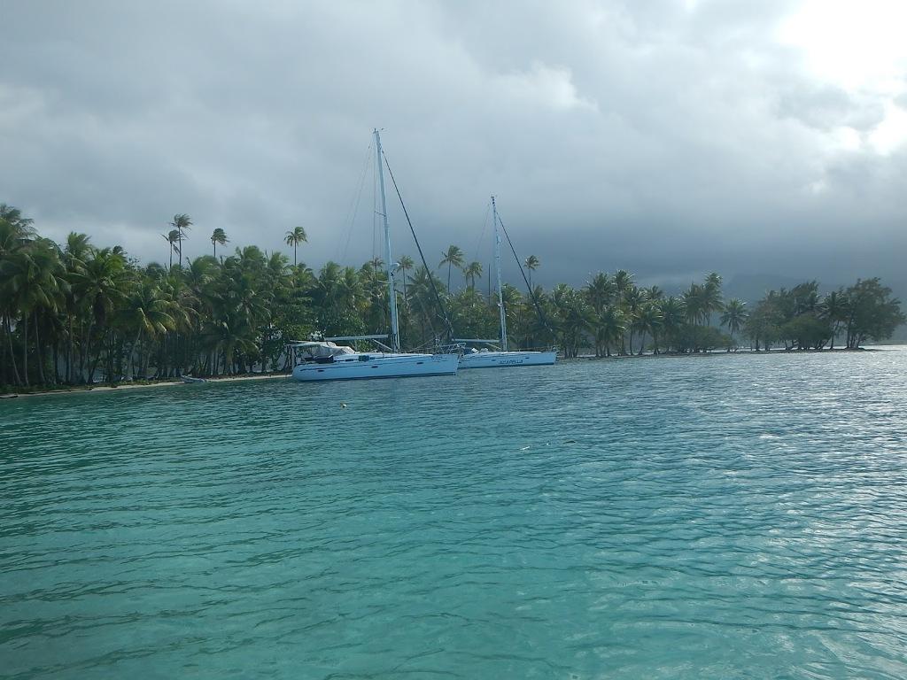 Acapella and Eye Candy In the calm Med moored behind Motu Tipaemau © Freedom and Adventure