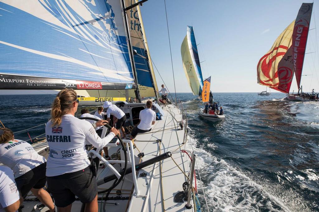 Prologue start on-board Turn the Tide on Plastic. The fleet departs Lisbon on day 1 of the Prologue. Photo by Sam Greenfield/Volvo Ocean Race. 08 October, 2017 photo copyright Volvo Ocean Race http://www.volvooceanrace.com taken at  and featuring the  class