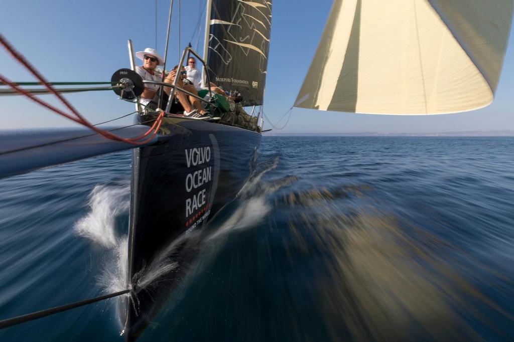 Prologue start on-board Turn the Tide on Plastic. The fleet departs Lisbon on day 1 of the Prologue. Photo by Sam Greenfield/Volvo Ocean Race. 08 October, 2017 photo copyright Volvo Ocean Race http://www.volvooceanrace.com taken at  and featuring the  class